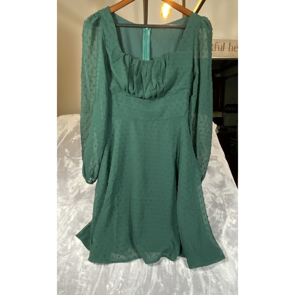 Swiss Dot Mini Babydoll Dress XS Square Neck A line Long Slv Green Flirty Cottag
